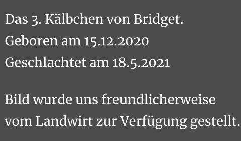 Das 3. Kälbchen von Bridget.Geboren am 15.12.2020Geschlachtet am 18.5.2021 Bild wurde uns freundlicherweise vom Landwirt zur Verfügung gestellt.