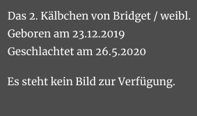 Das 2. Kälbchen von Bridget / weibl.Geboren am 23.12.2019Geschlachtet am 26.5.2020 Es steht kein Bild zur Verfügung.