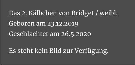 Das 2. Kälbchen von Bridget / weibl.Geboren am 23.12.2019Geschlachtet am 26.5.2020 Es steht kein Bild zur Verfügung.